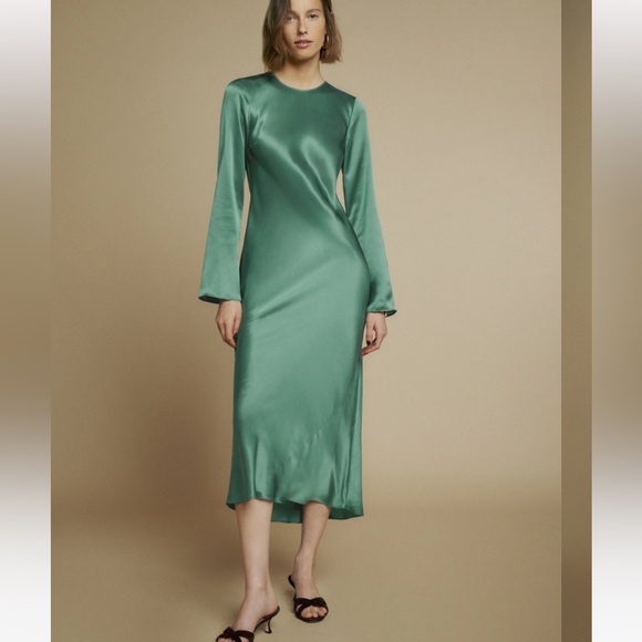 NWT reformation davina green silk long sleeve midi open back dress! - Picture 1 of 7